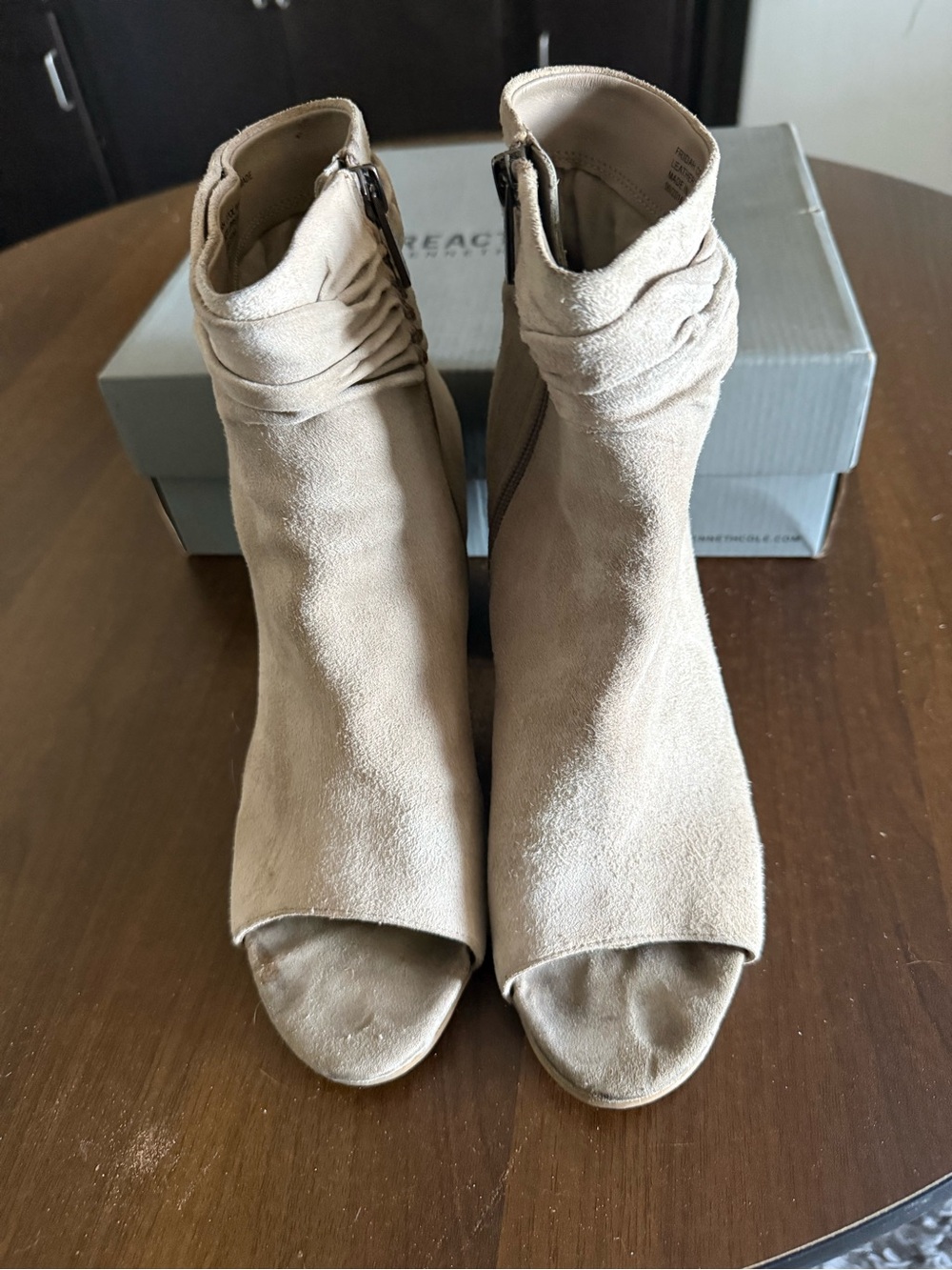 Kenneth Cole Taupe Suede Peep-Toe Ankle Mules